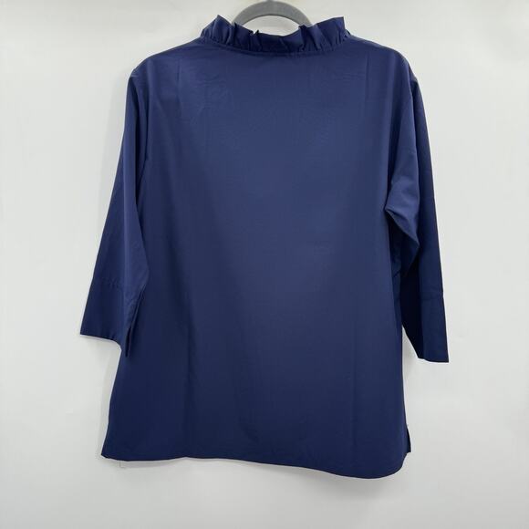 Michelle McDowell Reid Ruffle Neck Top Sz L Navy Blue Preppy Travel Staple NEW - Picture 2 of 10